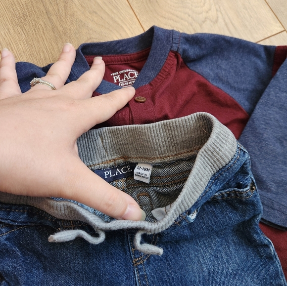 12-18 Boys Burgundy and Blue Long Sleeve Shirt with Jeans - Picture 2 of 2
